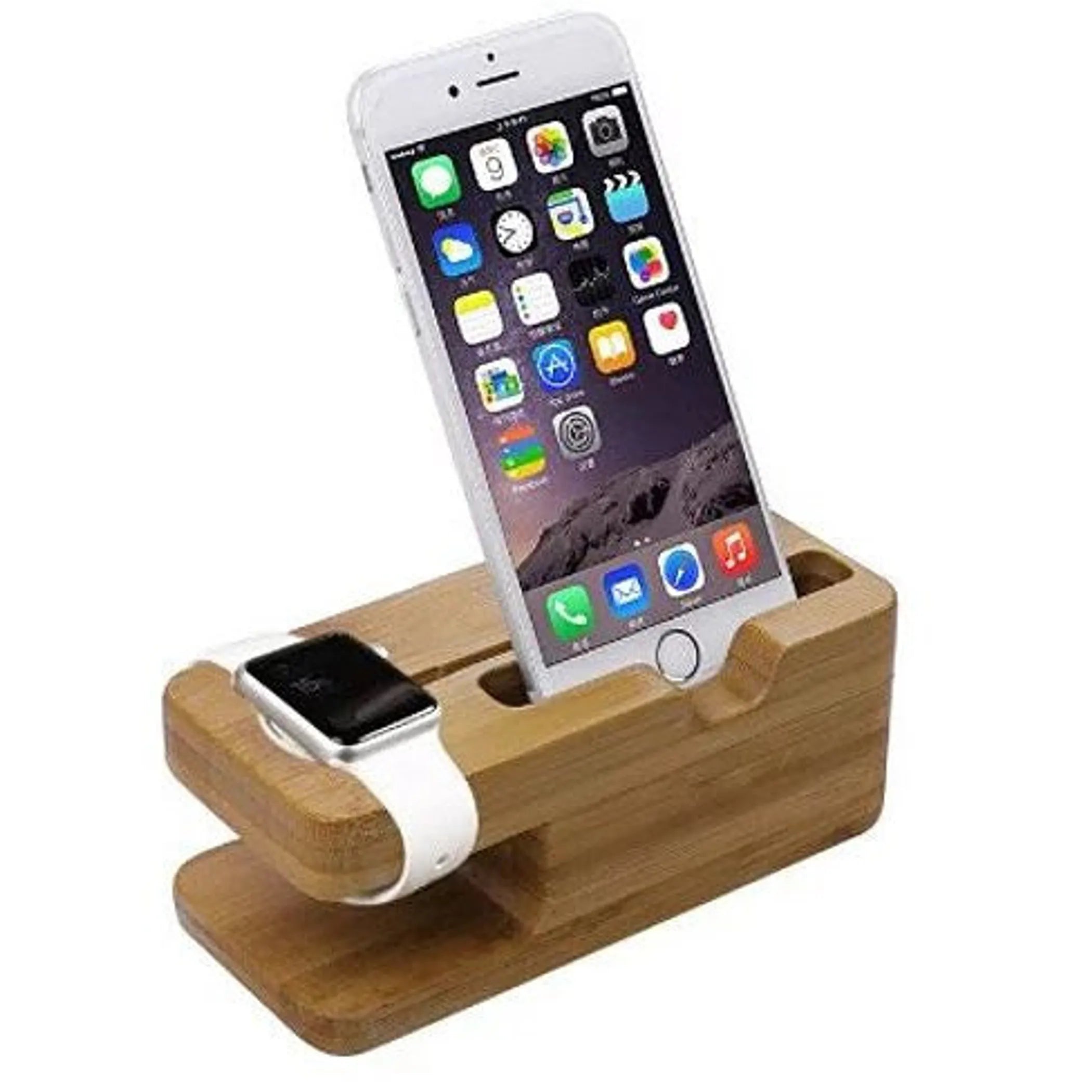 iPhone and iWatch Docking and Charging Station in Natural Wood